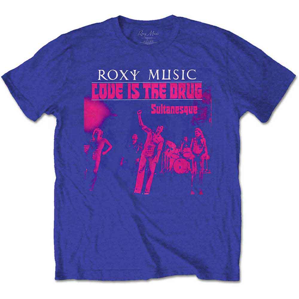 Black t-shirt featuring Roxy Music’s “Love Is The Drug” album artwork.