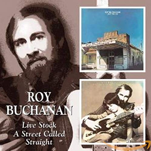 Photo of Roy Buchanan with guitar and two smaller images of album covers.