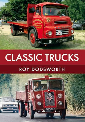 Book cover featuring two vintage red flatbed trucks on roads.