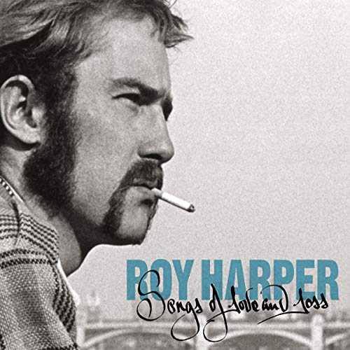 Black and white profile portrait of Roy Harper with a cigarette, text overlay below.