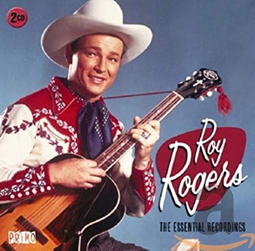 Roy Rogers in a white cowboy hat playing an acoustic guitar.