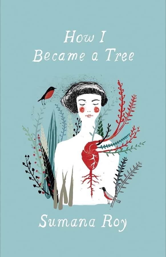 Book cover: woman’s face merging with tree roots and branches, bird.