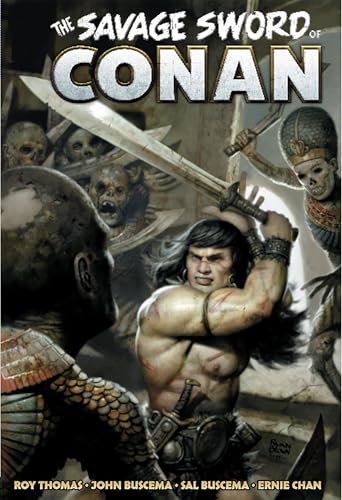Conan brandishing a sword, with skulls and warriors in the background.