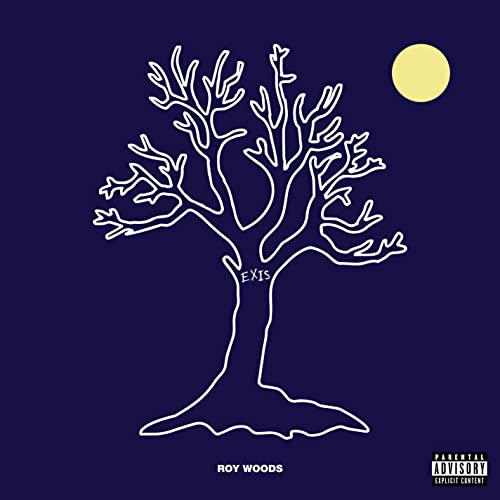 Roy Woods' "Exis" vinyl cover: white tree drawing on dark blue background.