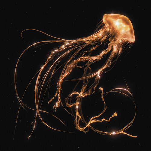 Glowing golden jellyfish against a dark, speckled background.