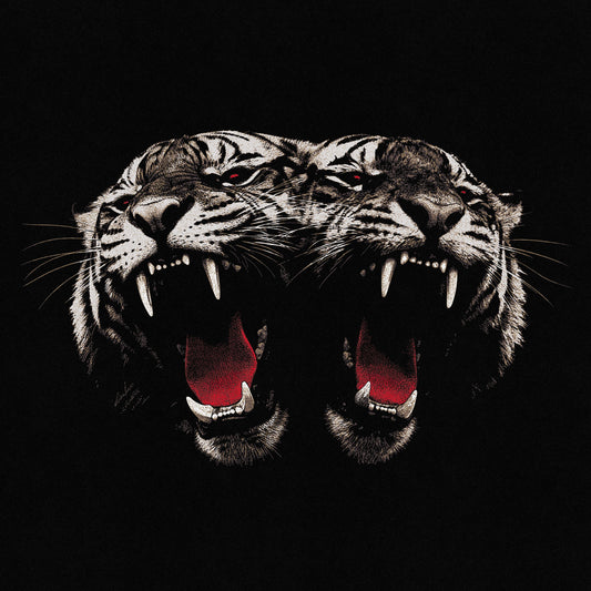 Two tiger heads with red eyes and open mouths on black background.