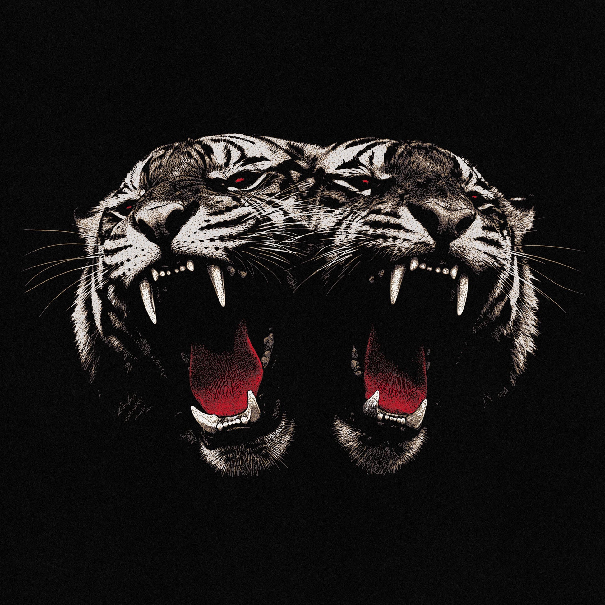 Two tiger heads with red mouths facing each other on black.