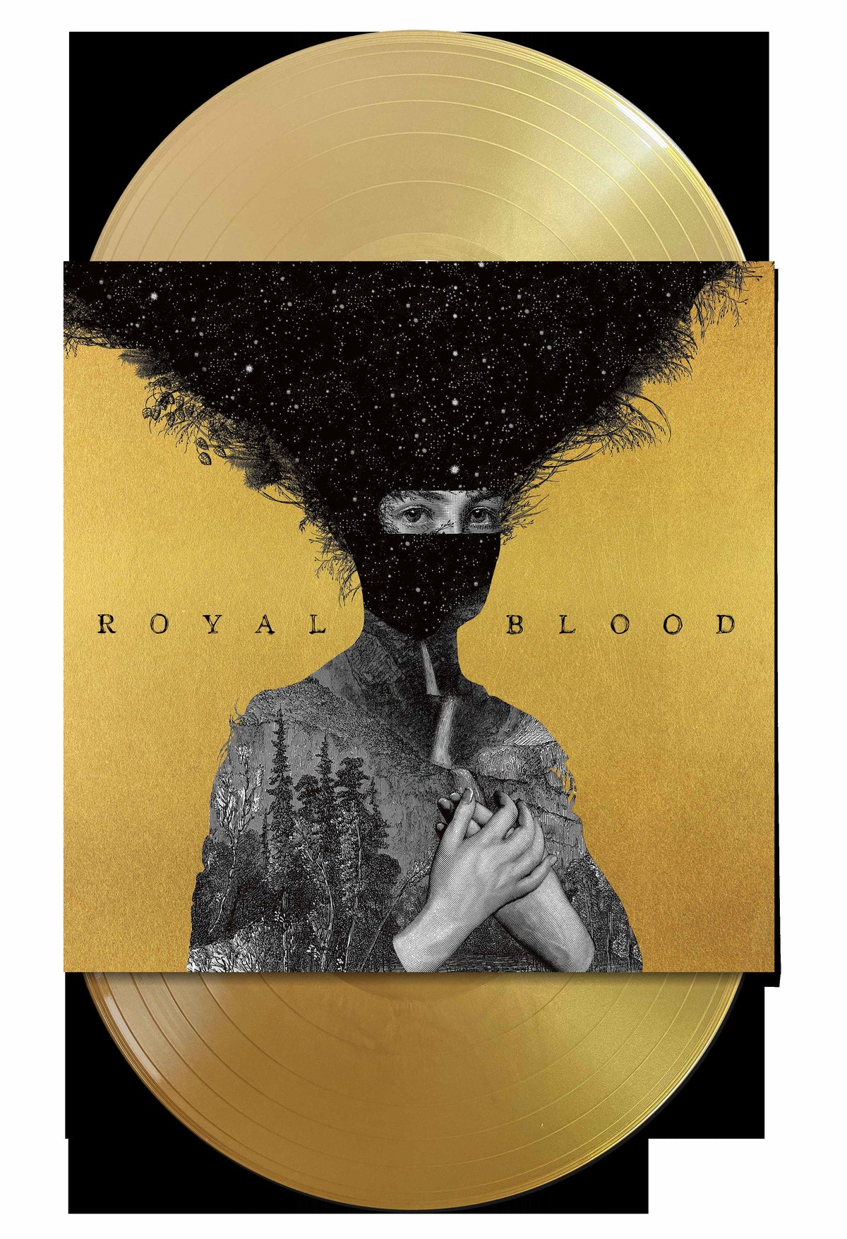 Gold vinyl record with a masked figure and forest imagery on the cover.