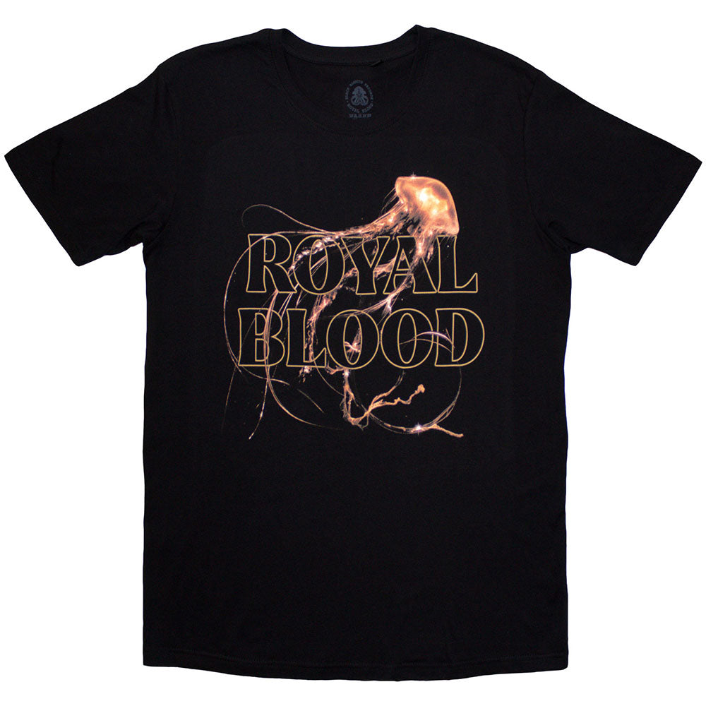Small black t-shirt with white, intricate Royal Blood band logo design.