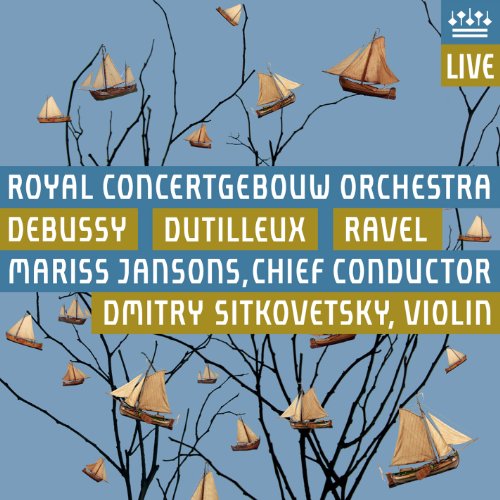 CD cover with sailboats on branches, featuring text about Debussy, Dutilleux, and Ravel.