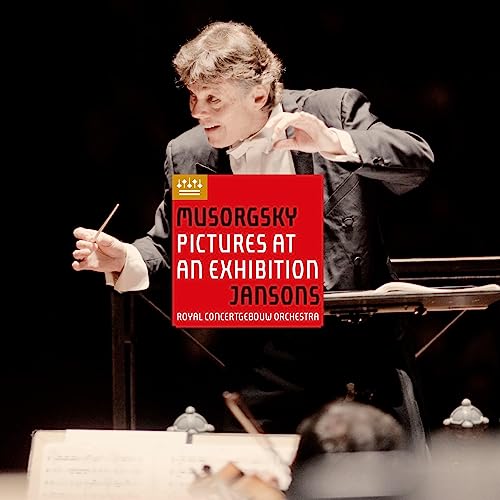 Conductor Jansons with orchestra, album cover for Mussorgsky’s “Pictures at an Exhibition.”