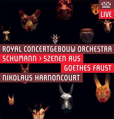 "CD cover with animal masks on black background and white text on red banners."