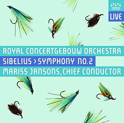 CD cover with colorful fishing flies and text for Sibelius Symphony No. 2 by Royal Concertgebouw.