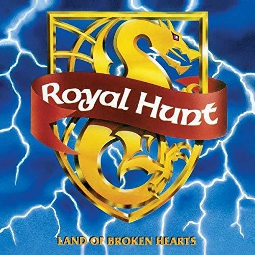 Royal Hunt album cover: golden dragon, red banner, stormy blue background.
