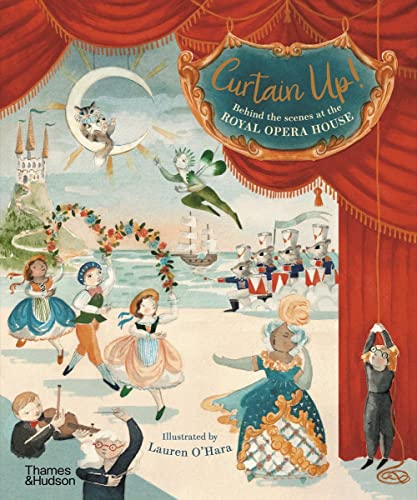 Book cover with illustrated characters performing on a stage, red curtains.