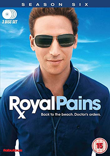 DVD cover for Royal Pains Season 6 featuring a man wearing sunglasses and stethoscope.