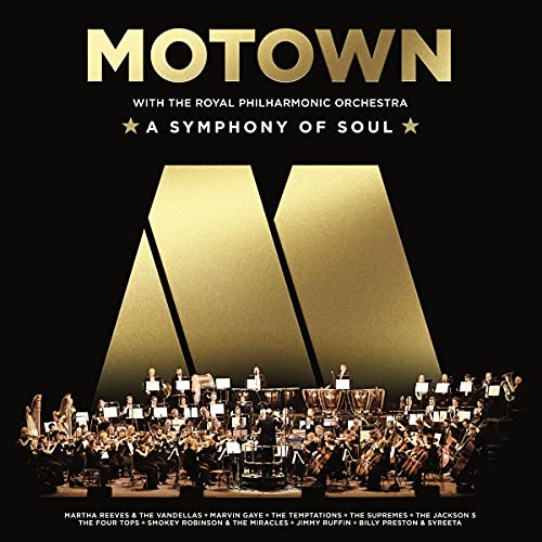 Motown" album cover featuring a large orchestra and gold geometric shapes.