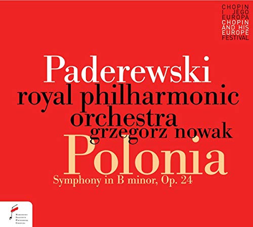 Red CD cover with white and yellow text, featuring "Paderewski Polonia" and small logos.