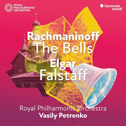 CD cover for Rachmaninoff’s “The Bells” and Elgar’s “Falstaff” featuring bells and a church.