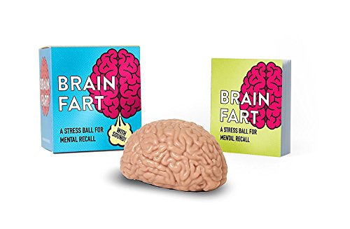 Brain-shaped stress ball with two colorful boxes displaying the product name.
