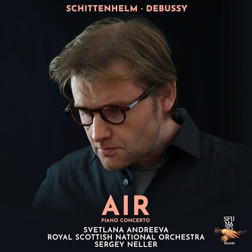 A man with glasses looks downward against a black background on this music album cover.