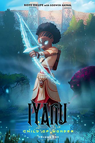 Young girl with a glowing bow stands before a fantastical landscape.