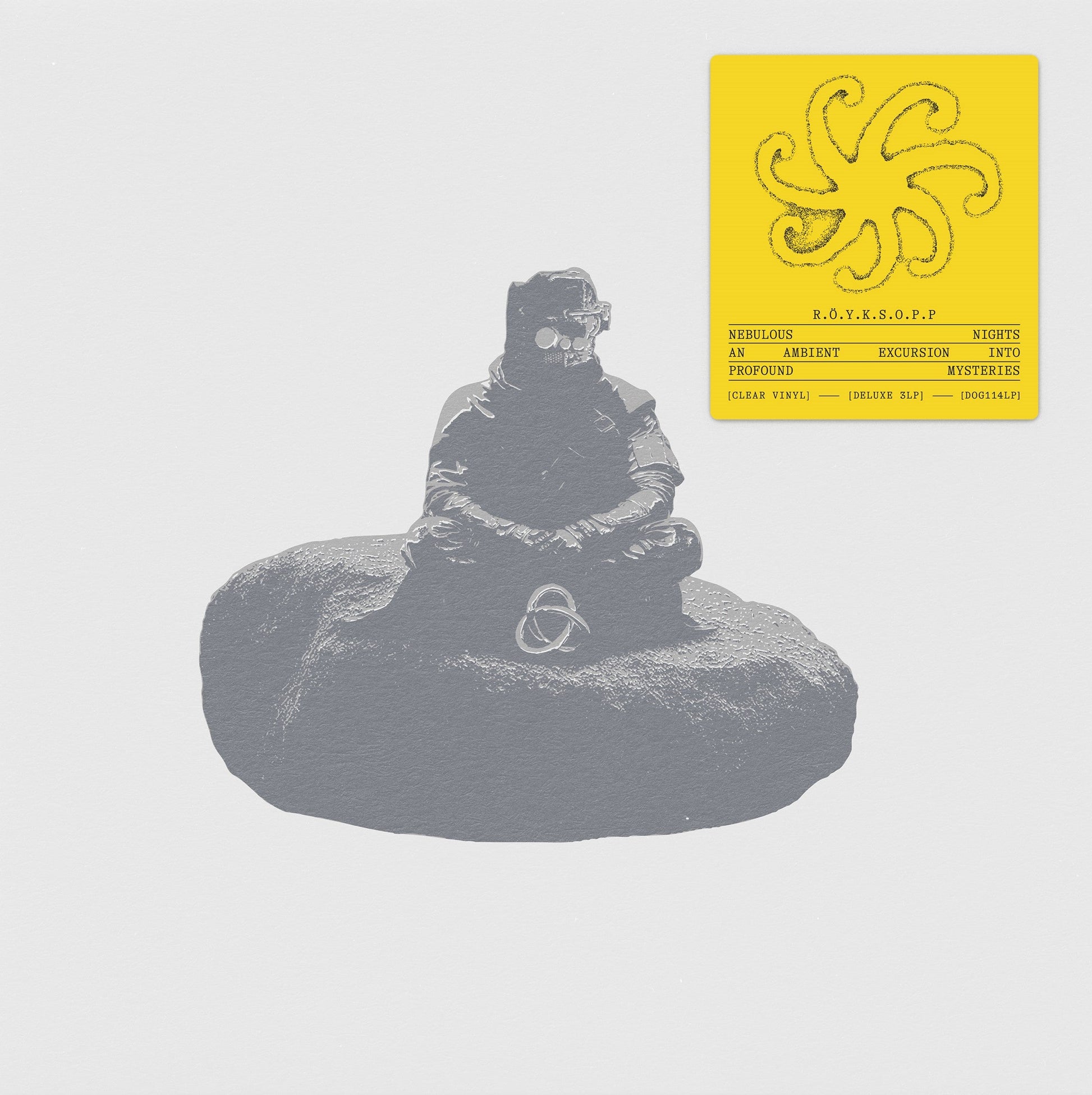 Röyksopp’s “Nebulous Nights” vinyl album cover featuring a statue and yellow design.