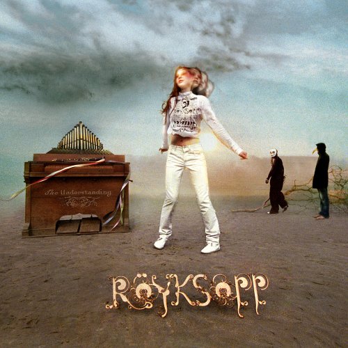 Röyksopp album cover: woman, figures, piano, and surreal landscape.
