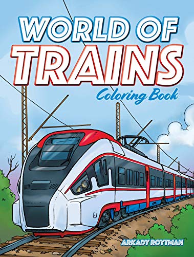 Cover of "World of Trains" coloring book featuring a modern passenger train.