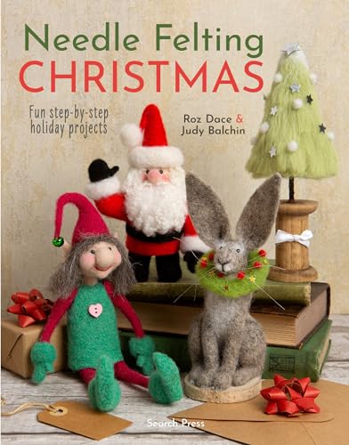 Book cover featuring needle-felted Christmas characters: Santa, elf, bunny, and tree.