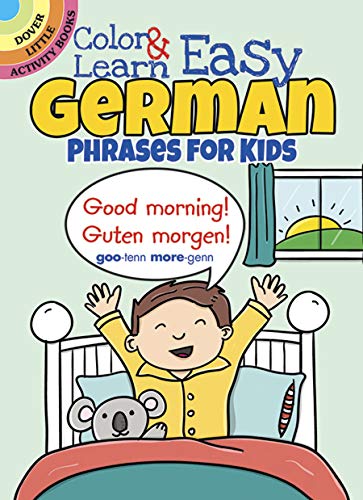 Book cover with a boy in bed learning German phrases.