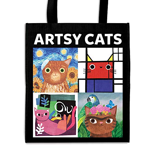 Black tote bag with colorful, stylized cats inspired by famous art.