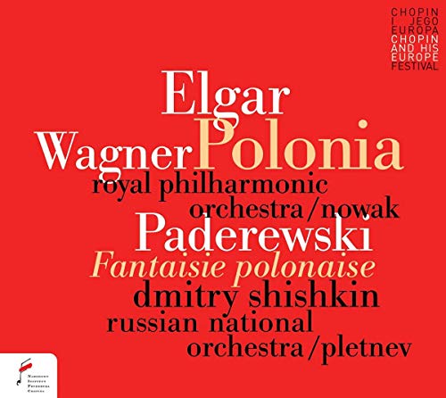 Red CD cover with composers’ names: Wagner, Elgar, Paderewski, and Polonia text.