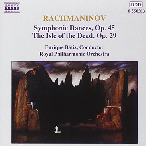 "CD cover with 'The Isle of the Dead' painting and Rachmaninov's name in orange."