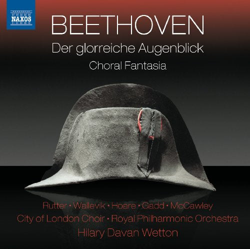 "CD cover featuring Beethoven's hat against a red and black gradient background."