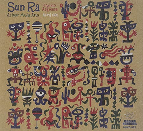 Sun Ra album cover with colorful, abstract, patterned figures on brown background.
