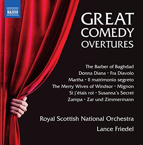 CD cover: red curtain, white text “Great Comedy Overtures”, orchestra details.