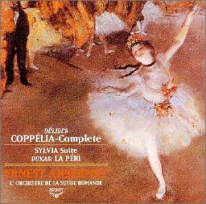 CD cover featuring a painting of dancers and text: Coppélia Complete.