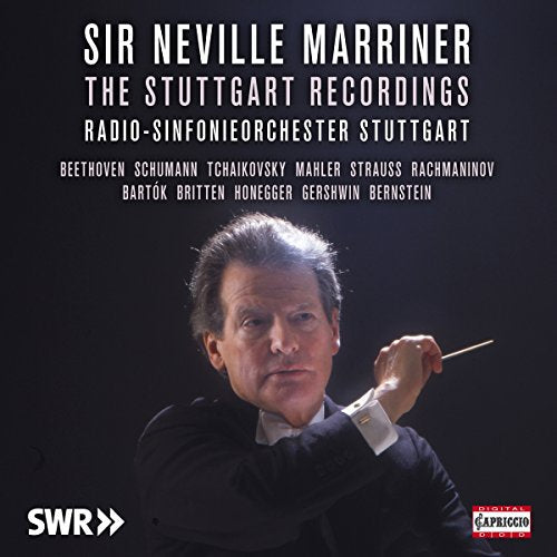 Sir Neville Marriner conducting, with text listing composers on a dark background.