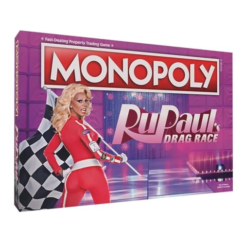 RuPaul’s Drag Race Monopoly game box with RuPaul in racing attire.