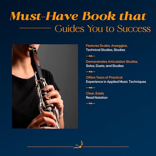 A person playing a clarinet next to a list of music study features.