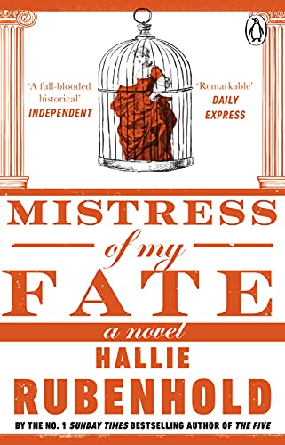 Book cover: woman in red dress inside a birdcage, orange background.