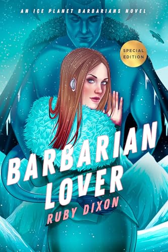 Sci-fi romance novel cover with a blue-skinned barbarian and a red-haired woman.