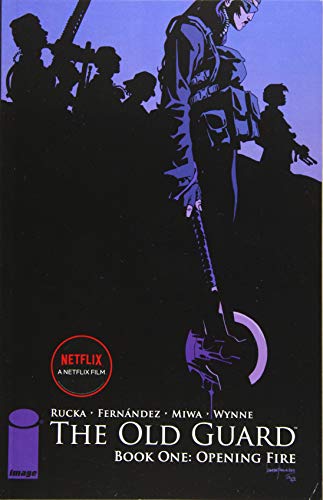 Graphic novel cover: woman with sword, soldiers, purple background, “The Old Guard.”