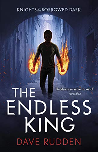 Book cover: man with fiery orbs, dark fantasy setting, title text.