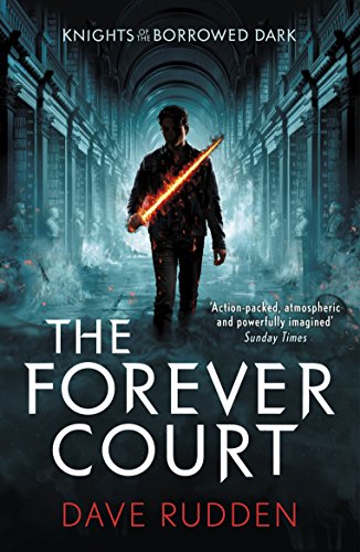 Book cover: man with glowing sword in a long, ornate hallway.