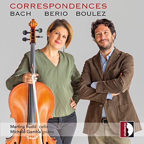 CD cover featuring musicians with a cello and piano, text "Correspondences".