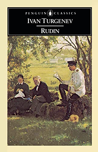 Book cover for "Rudin" by Ivan Turgenev, depicting figures in a landscape.