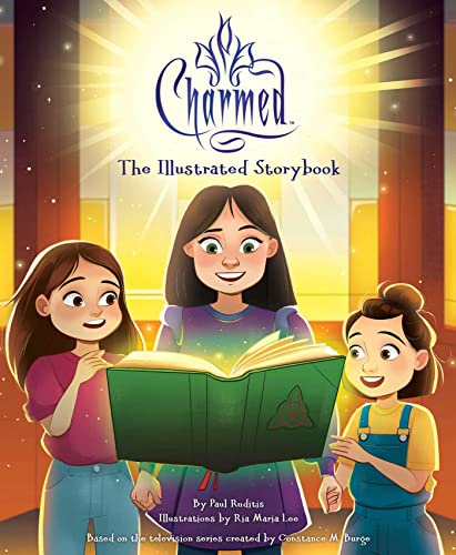 Cover of "Charmed" illustrated storybook featuring three young girls and a glowing book.