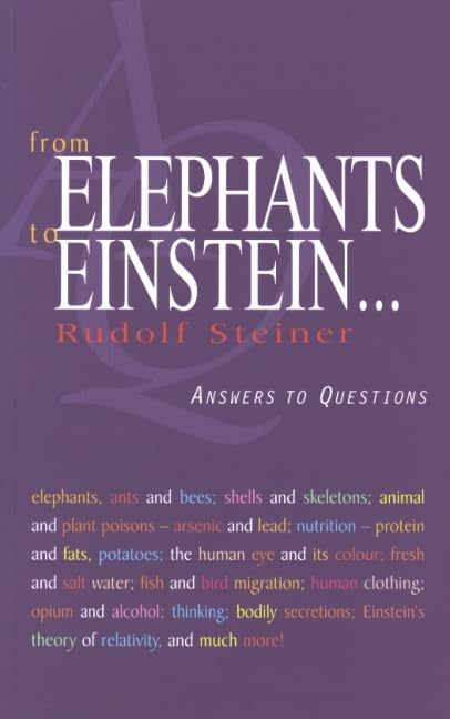 Book cover titled From Elephants to Einstein by Rudolf Steiner on a purple background.